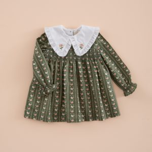 Vestido Cuello Bordado Raya Flor Verde Musgo Mi Canesu